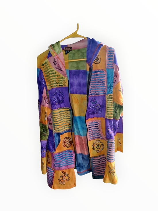 Rising International Jackets & Blazers - Vibrant Patchwork Hooded Zip Jacket in Purple, Yellow, Teal